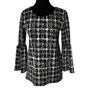 CALVIN KLEIN Black White Bell Sleeve Textured Tweed Knit Top Sweater XS Small